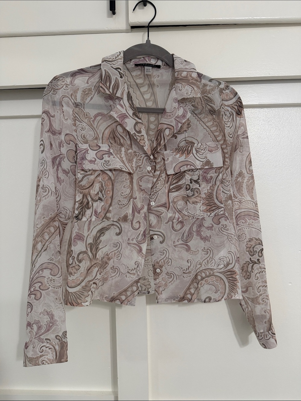 T. TAHARI Sheer Paisley Long-Sleeve Button Front Top - Blush Taupe